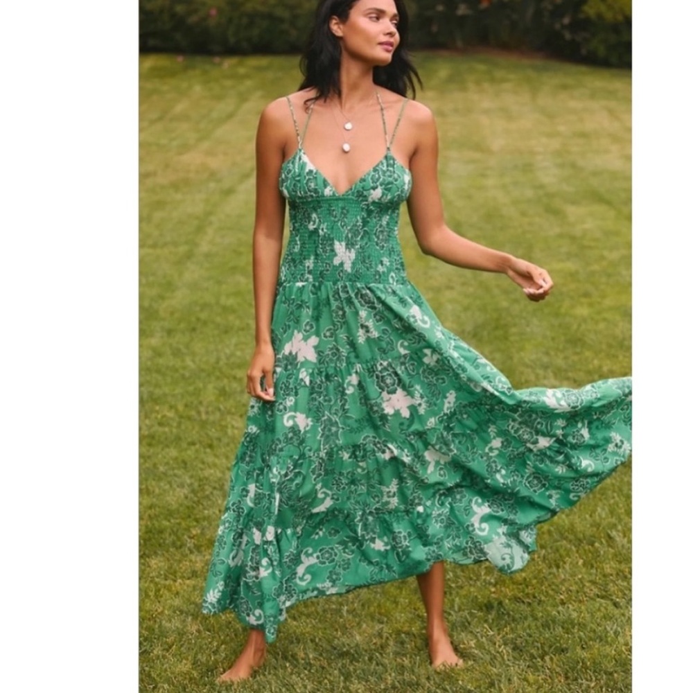 Anthropologie The Josephine Smocked Drop Waist Dress Green L NWT